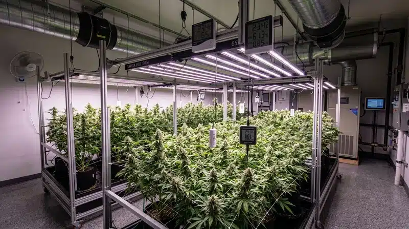 Sala de cultivo interior de Alien Technology x Do-Si-Dos equipada con iluminación LED profesional, sistema de ventilación y control de temperatura y humedad para favorecer un desarrollo uniforme durante la floración.