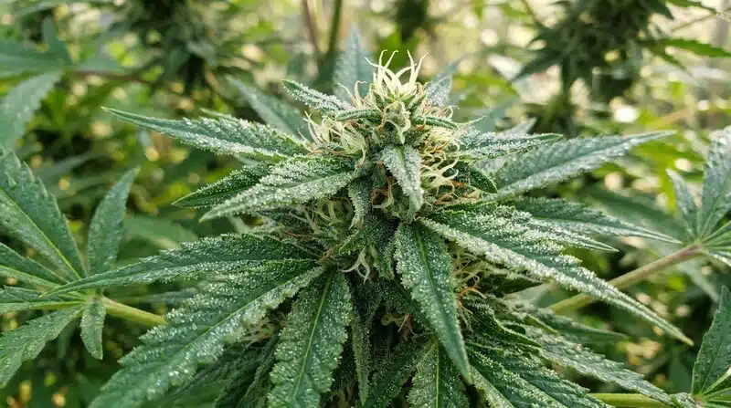 Cogollo de cannabis Alien Technology x Do-Si-Dos cubierto de tricomas durante la floración.