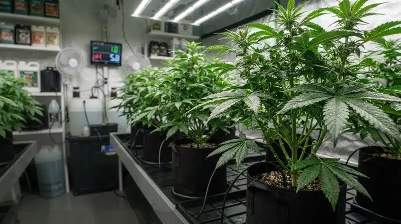 Amnesia Bubba Autoflower F1 en fase vegetativa bajo iluminación LED.