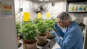 Inspección de plantas de Amnesia F1 en cultivo interior durante el crecimiento.
