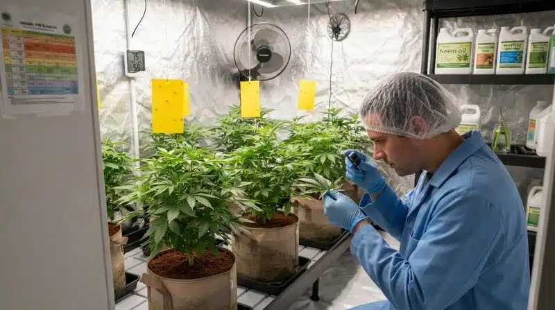 Inspección de plantas de Amnesia F1 en cultivo interior durante el crecimiento.