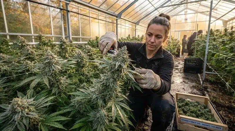 Cultivadora cosechando plantas de Amnesia Fast Version en un invernadero, seleccionando cogollos maduros con abundante producción de resina para obtener una cosecha de alta calidad.