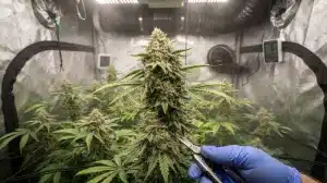 Cosecha de cogollos de Amnesia Fast Version en cultivo interior durante la floración.