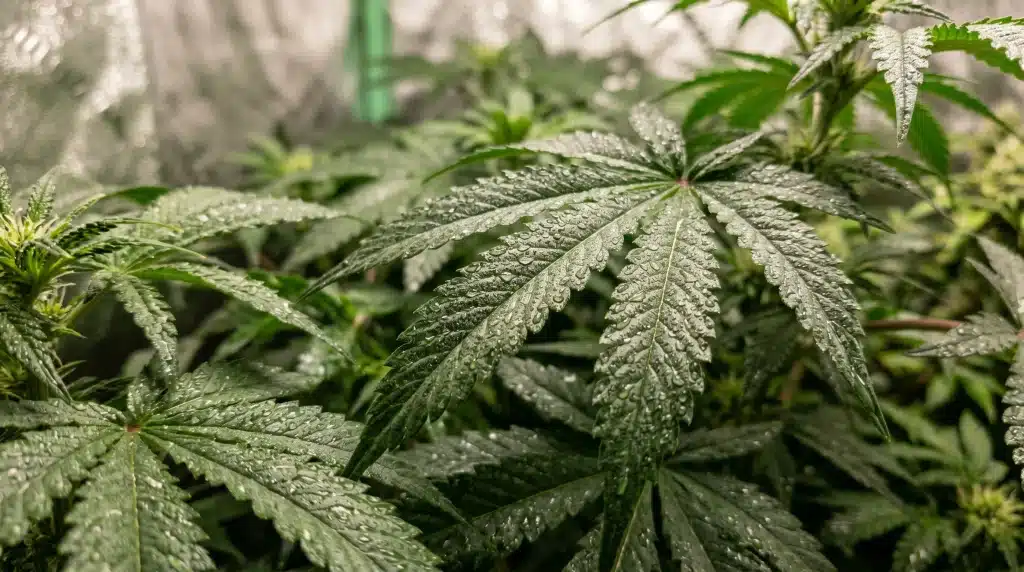 Amnesia Kush Auto con gotas de agua durante el cultivo en interior.