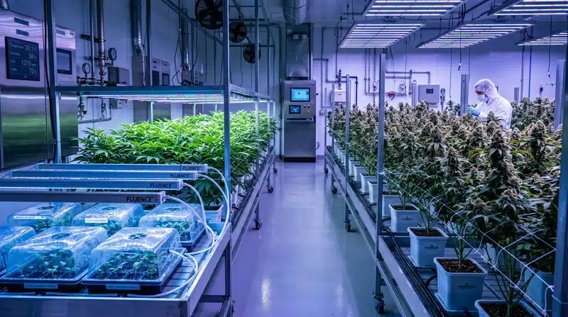 Instalación profesional de cultivo interior con Amnesia Kush Auto en diferentes etapas de desarrollo, desde plántulas hasta floración. Gracias a su genética autofloreciente, esta variedad ofrece un ciclo de cultivo rápido, crecimiento uniforme y un excelente rendimiento en sistemas interior con control ambiental.