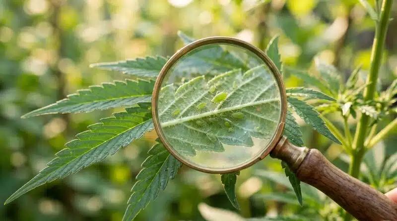 Pulgones en hoja de Amnesia Kush Regular detectados durante la inspección del cultivo.