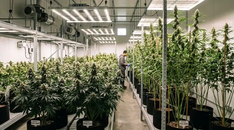 Cultivo interior de Amnesia bajo iluminación LED de espectro completo, con control de temperatura, humedad y ventilación para optimizar el crecimiento y la floración de las plantas.