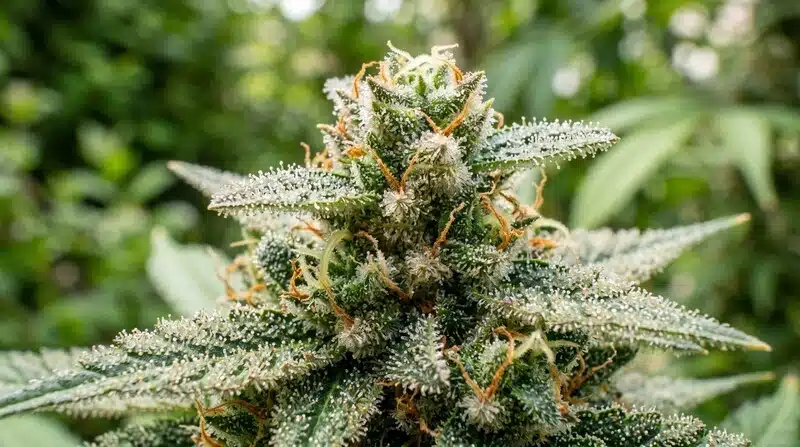 Cogollo de Amnesia x Kali Mist cubierto de tricomas durante la floración.