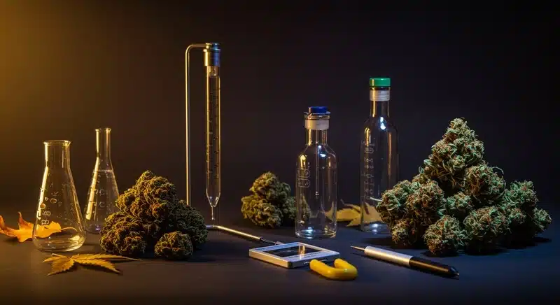 Técnicas LST para reducir zonas de riesgo microbiano con análisis de laboratorio en cogollos de cannabis.