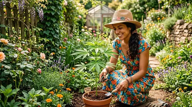 Cultivadora de cannabis realizando un análisis microbiano para garantizar la seguridad del consumidor