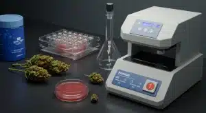 Equipo de laboratorio para evaluar riesgos microbianos por exceso de riego en cannabis.