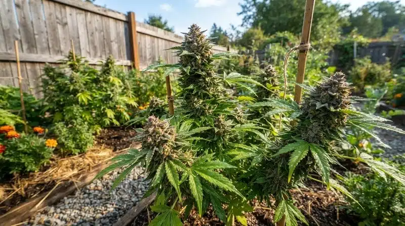 Planta de Asian Dream en cultivo exterior mostrando una estructura vigorosa y cogollos bien desarrollados en la etapa final de floración. 