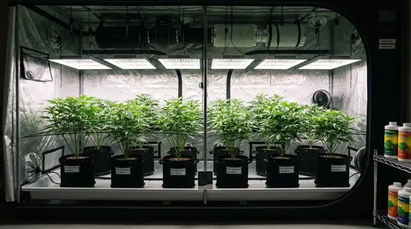 Cultivo de Auto CBD Med Go en un grow tent con iluminación LED, ventilación y nutrición controladas. Su genética autofloreciente con alto contenido en CBD permite obtener plantas homogéneas y de fácil manejo.