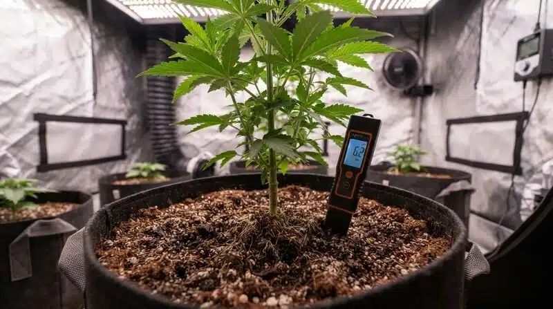 Planta de Auto CBD Pineapple en cultivo interior con medición del pH del sustrato.