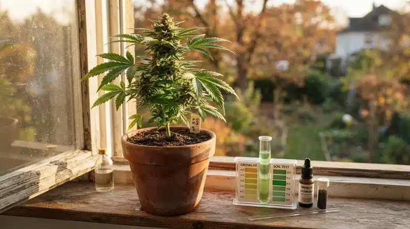 Planta de Auto CBD Pineapple en fase de floración cultivada en maceta junto a un kit de medición de pH y soluciones de análisis.
