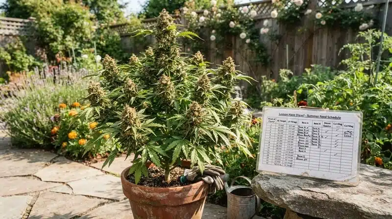 Planta de Auto Northern Lights CBD cultivada en maceta junto a un calendario de fertilización para controlar el aporte de nutrientes durante la floración.