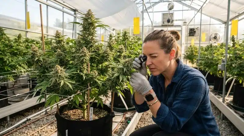 ultivadora inspeccionando una planta de Badazz Rolex en un invernadero durante la fase de floración. La revisión periódica del estado de las hojas y los cogollos permite detectar de forma temprana posibles plagas o enfermedades