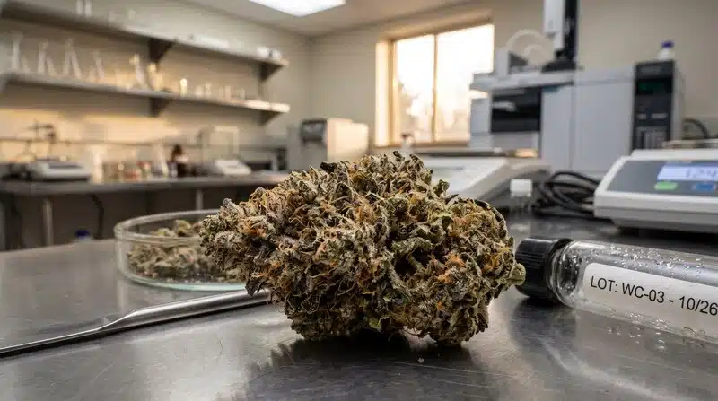 Cogollo de cannabis en laboratorio de análisis para detectar contaminación microbiana en el cannabis.