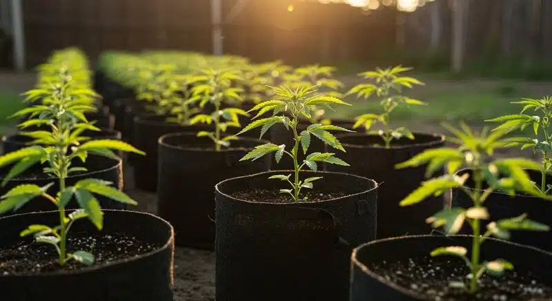 Plántulas de cannabis en macetas para estudiar microbios beneficiosos vs dañinos en el cultivo.