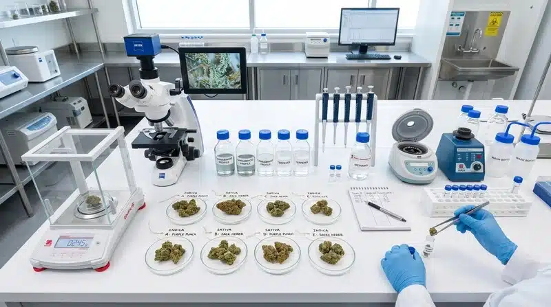 Laboratorio analizando muestras de cannabis para evaluar cómo los microbios afectan la calidad y seguridad del cannabis.