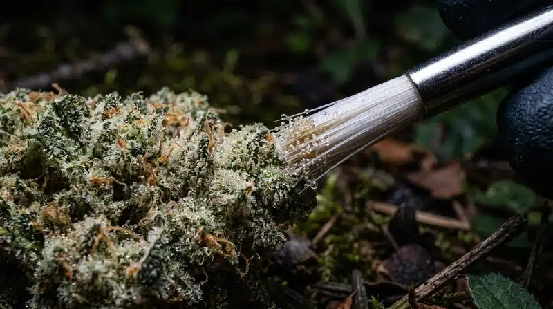 Cogollo de cannabis con tricomas expuesto a la luz y degradación de cannabinoides por exposición a la luz.