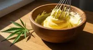 Cannabutter recién preparada siendo batida en un cuenco.