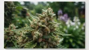 Cogollo de cannabis Ak59 Auto con abundantes tricomas durante la floración.