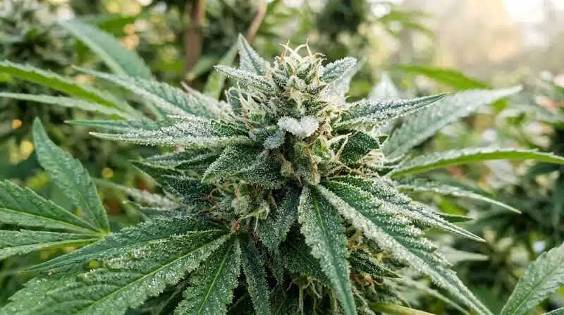 Amnesia Haze Autoflower F1 con abundantes tricomas en floración.