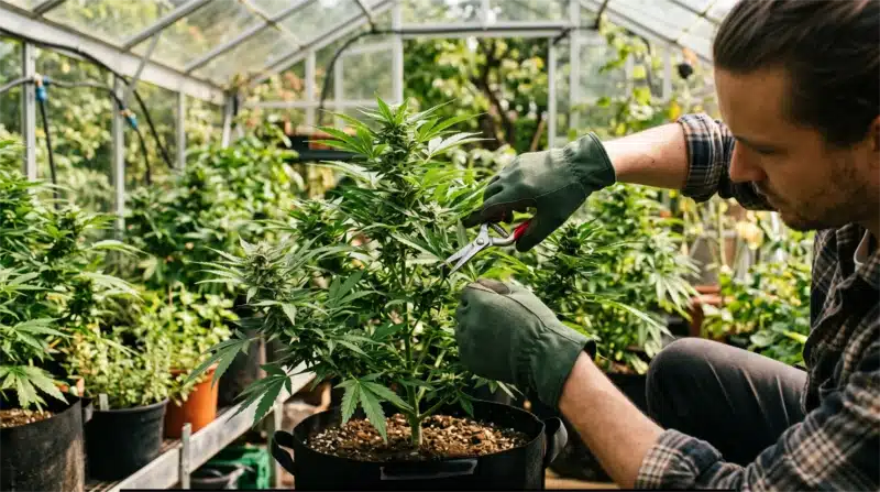 Cultivador recortando a mano los cogollos de Alien GG Regular durante la cosecha en un cultivo de interior. Proceso de manicura y selección de flores de cannabis para preservar su calidad.