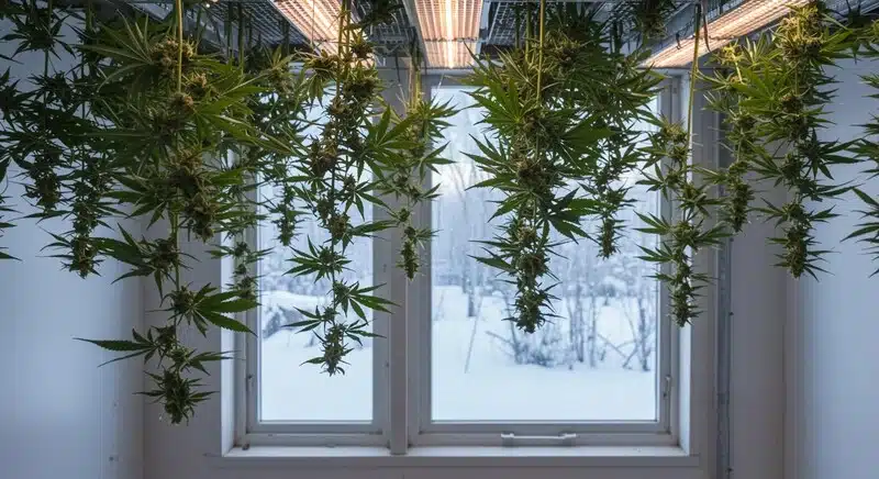 Cogollos de cannabis colgados durante el secado para evitar contaminación microbiana.