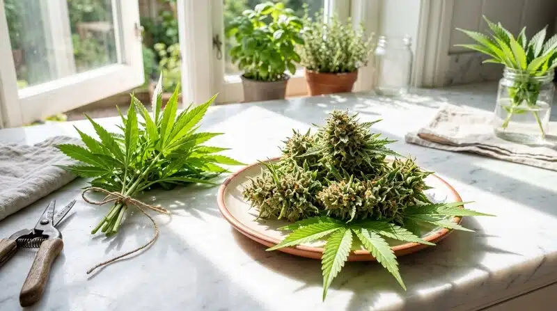 Cogollos de cannabis recién cosechados sobre una mesa de trabajo, relacionados con cómo los microbios afectan la calidad y seguridad del cannabis.