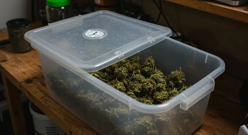 Cogollos de cannabis en recipiente de curado para evitar contaminación microbiana durante el secado y curado