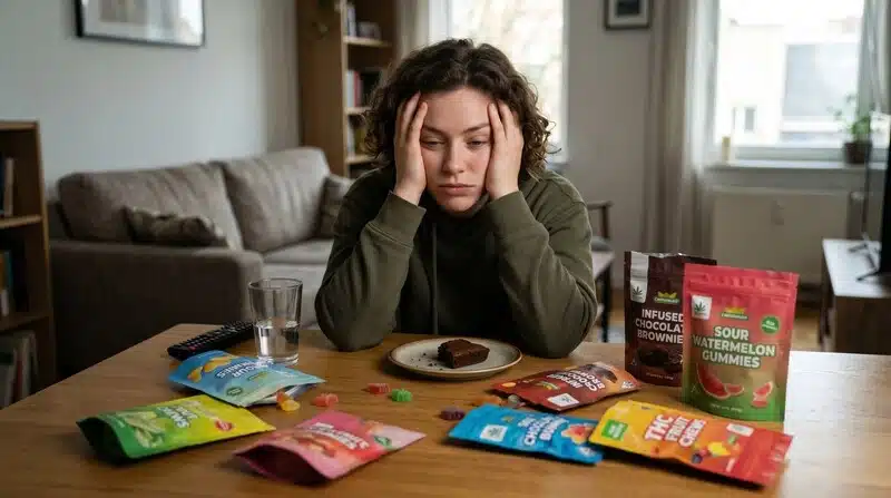 Persona observando varios comestibles de cannabis abiertos, incluidos gummies y un brownie con THC, representando la duda sobre si los comestibles pierden potencia al abrirlos.