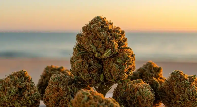 Esterilización de herramientas para evitar contaminación durante la manipulación de cogollos de cannabis.