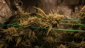Cogollos de cannabis en cultivo interior para detectar contaminación microbiana.