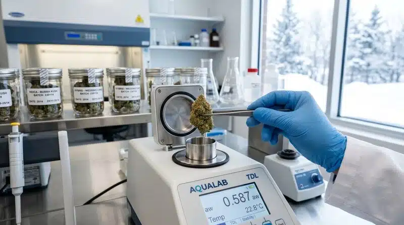 Técnico realizando pruebas para prevenir la contaminación microbiana en el cannabis, ya que controlar la actividad de agua ayuda a reducir el riesgo de crecimiento de mohos, levaduras y otros microorganismos durante el almacenamiento.