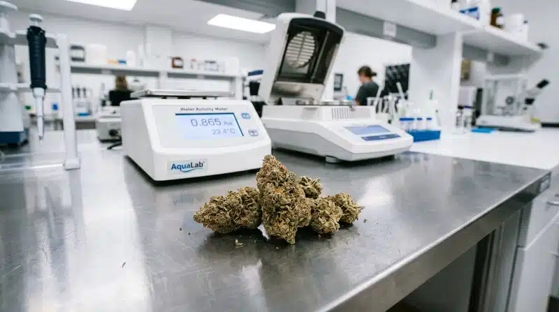 Cogollos de cannabis en un laboratorio de control de calidad para identificar condiciones que favorecen el desarrollo de microorganismos y detectar señales de contaminación microbiana en los cogollos antes de su almacenamiento o comercialización.