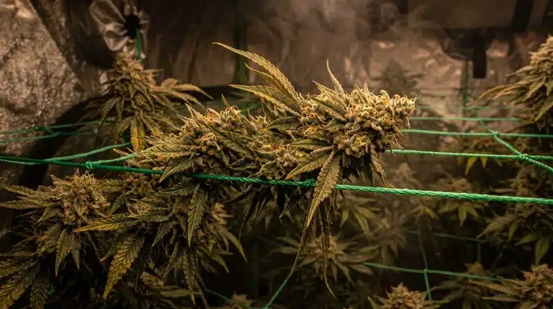 Cogollos de cannabis en cultivo interior para detectar contaminación microbiana.
