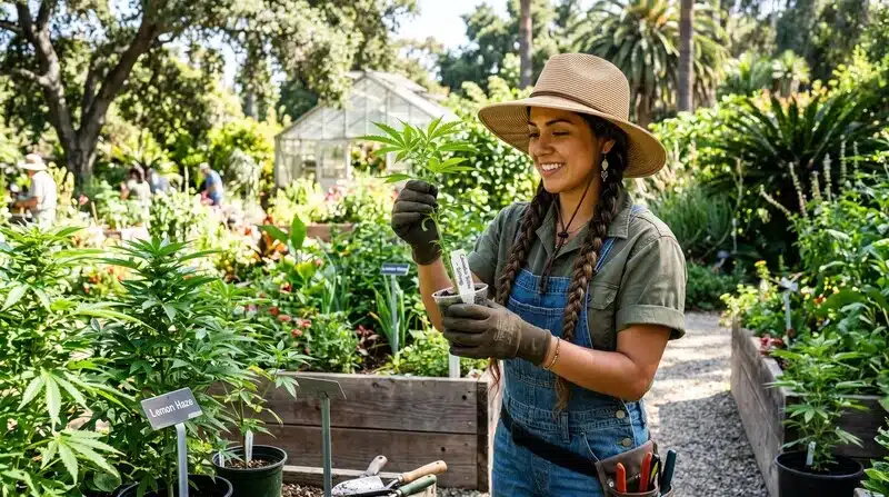 Cultivadora inspeccionando una planta para detectar contaminación microbiana en el cannabis.
