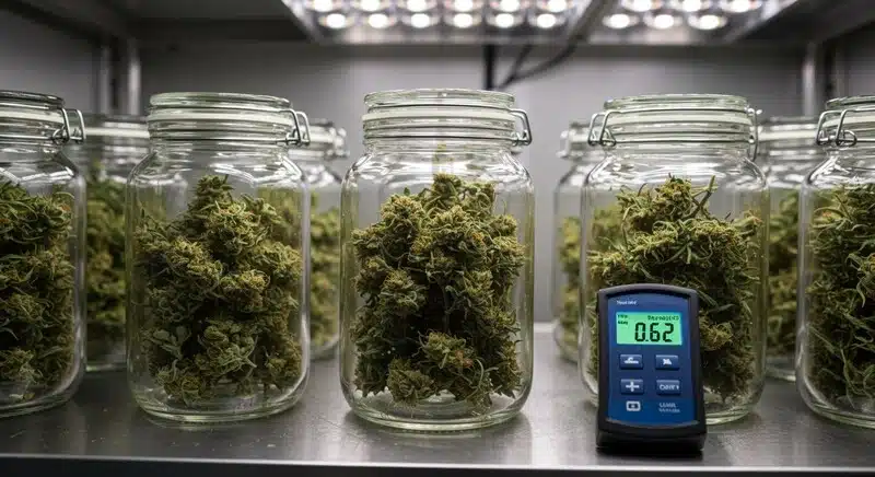 Control de humedad para un curado seguro con flores de cannabis en frascos y medidor de humedad.