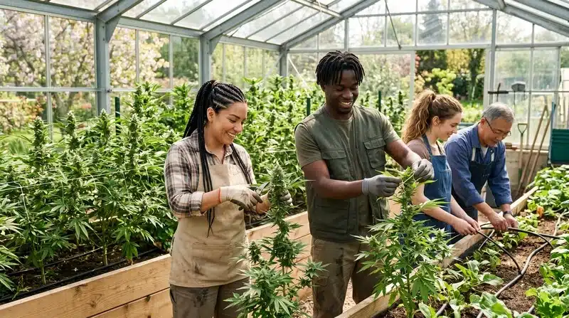 Plantas de Amnesia Lemon Regular cultivadas en un invernadero mientras varios cultivadores realizan tareas de mantenimiento y cuidado. 