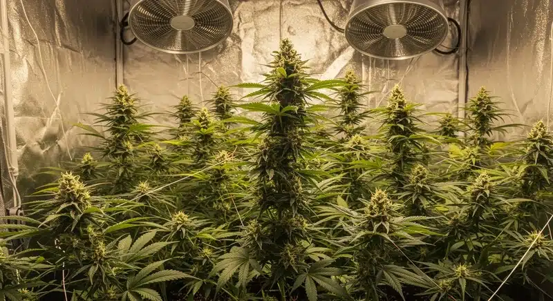 Cultivo de Grapefruit Regular en interior durante la floración con cogollos densos y abundante producción de tricomas bajo iluminación artificial.