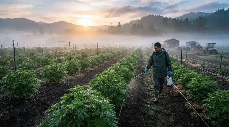 Plantación de Amnesia Bubba Autoflower F1 en exterior durante una jornada de cultivo, con riego y mantenimiento profesional para promover un desarrollo saludable y un rendimiento óptimo de las plantas.