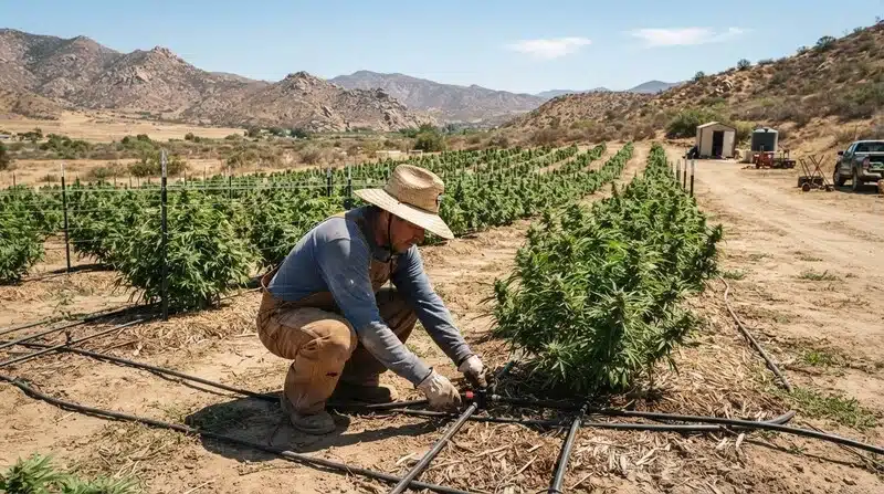 Cultivo exterior de Black Water Purple OG Cheese en hileras, con un trabajador ajustando el sistema de riego por goteo para mantener un suministro de agua uniforme en condiciones de clima seco.