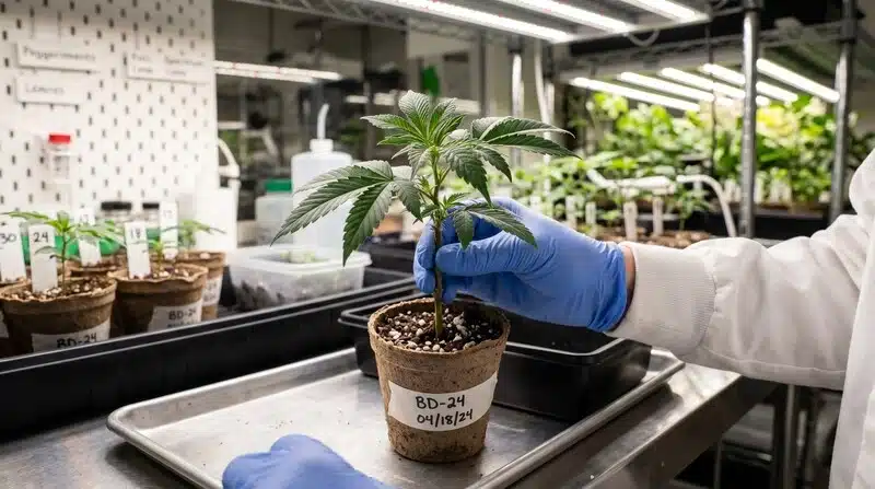 Plántula de cannabis en un cultivo interior controlado para prevenir microbios presentes en el aire en cultivos interior.
