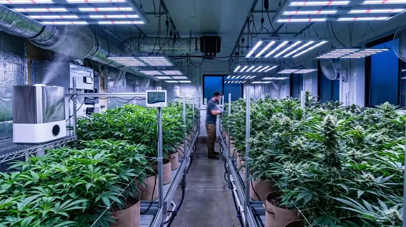 Cultivo profesional de Amnesia Kush Regular en interior con iluminación LED, ventilación y sistemas de control ambiental. 