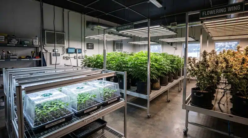 Sala de cultivo interior de Amnesia Kush equipada con iluminación LED, áreas de propagación, crecimiento vegetativo y floración. 
