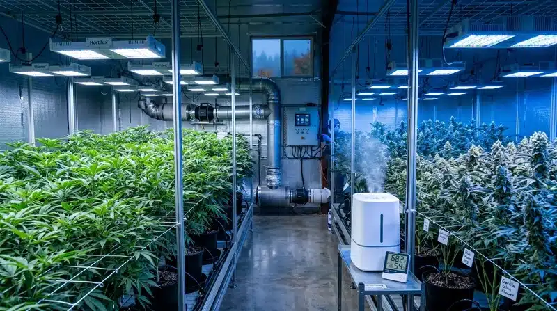 Sala de cultivo profesional de Amnesia Lemon Cake Boom Regular equipada con iluminación LED, humidificador y sistemas de control climático. 