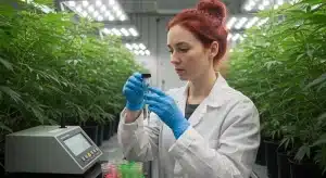 Técnica realizando la detección temprana de moho en plantas de cannabis en un cultivo interior.