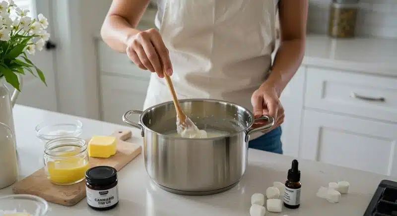 Preparación de comestible de marihuana con marshmallow y extracto de cannabis en cocina casera